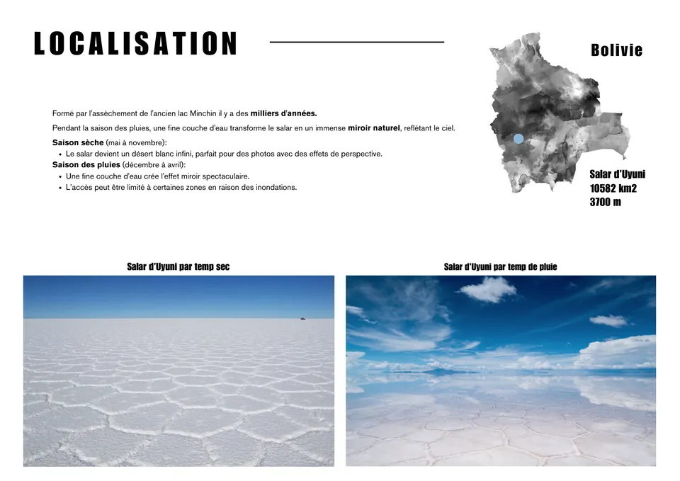 Localisation : le salar d'Uyuni, en Bolivie, par temps sec et par temps de pluie