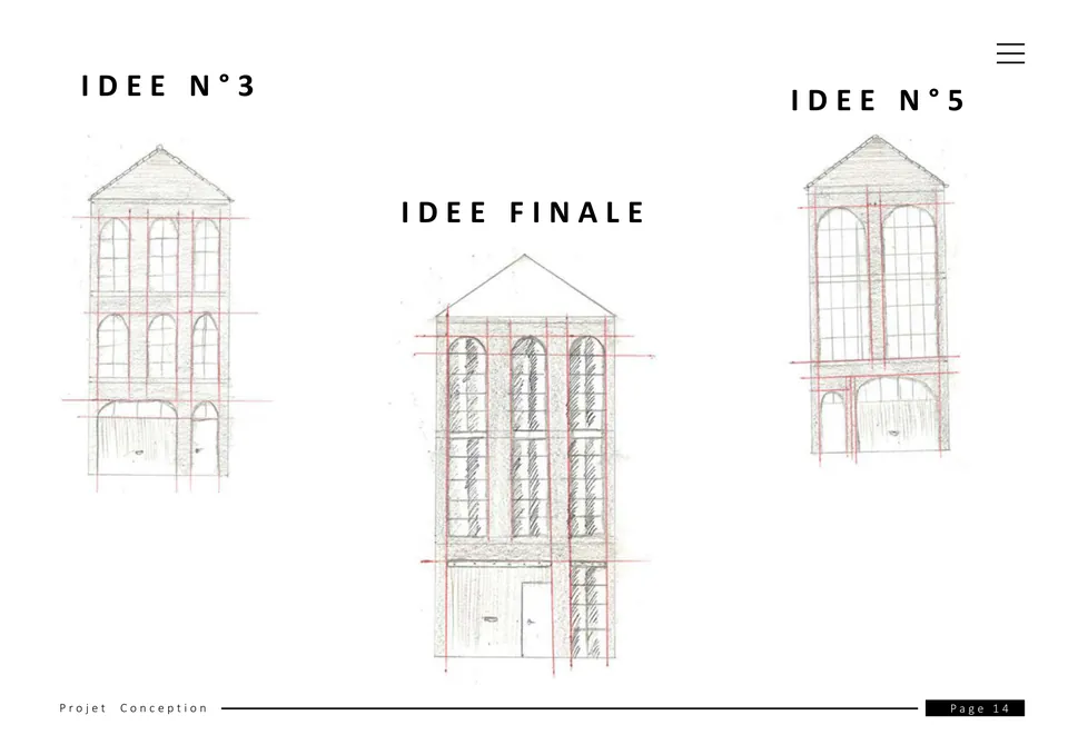 Esquisses de façade, idées n° 3 et 5 et idée finale