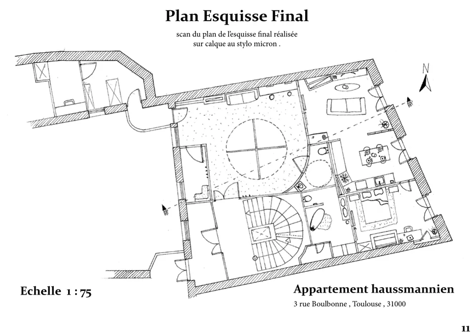 Plan final de l'esquisse, au stylo Micron sur calque