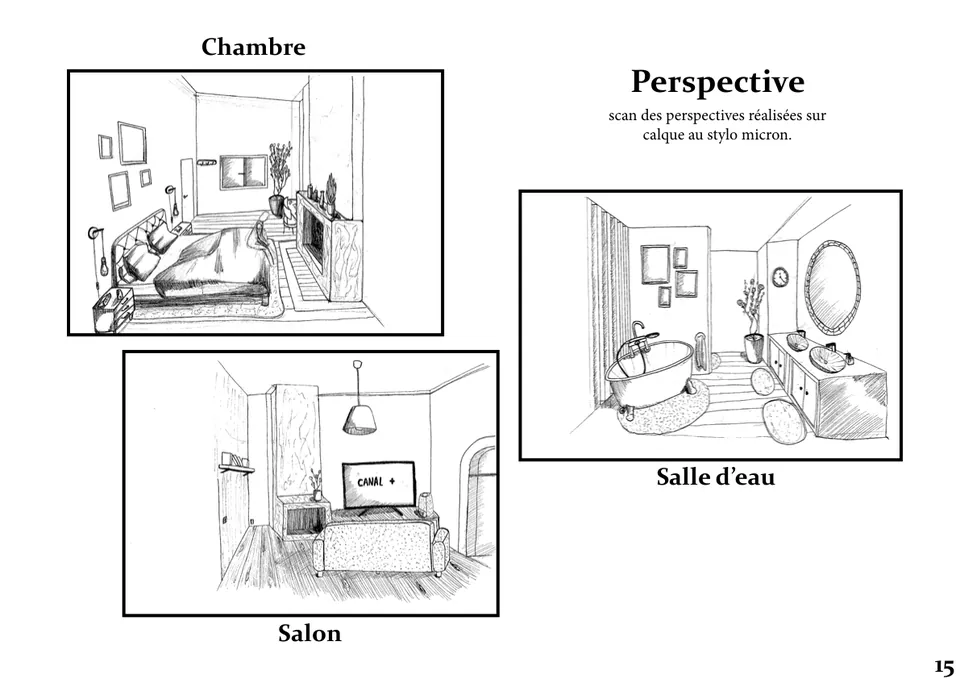 Perspectives de la chambre, du salon et de la salle d'eau