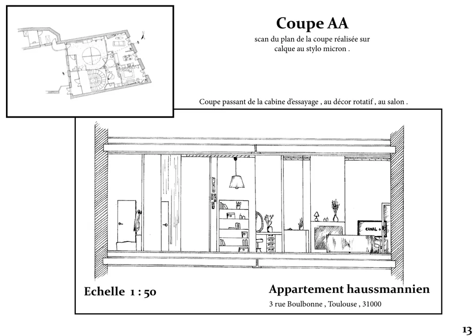 Coupe AA au 1/50, à travers le décor rotatif