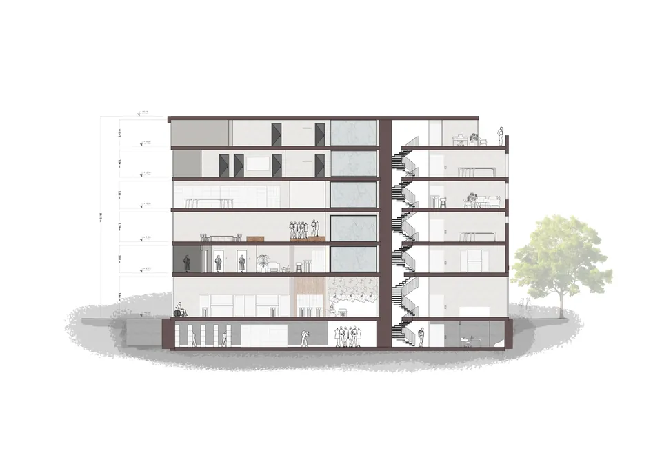 Coupe AA sur tous les niveaux du bâtiment
