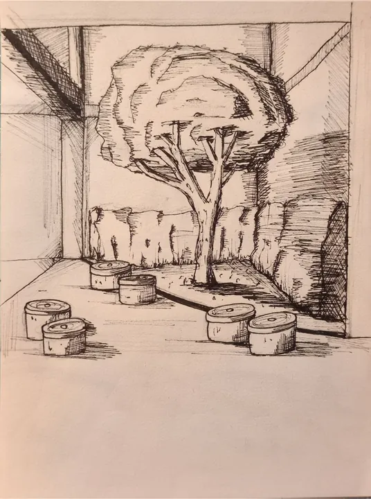 Perspective du patio dessinée à l'encre